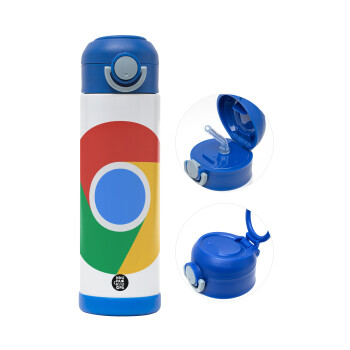 Chrome, Children's hot water bottle, stainless steel, with safety straw, BLUE (500ml)