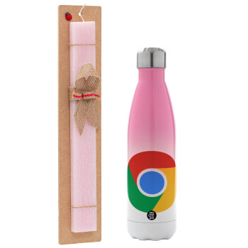 Chrome, Easter Set, Metallic pink/white (Stainless steel) thermos, double-walled, 500ml & aromatic flat Easter candle (30cm) (PINK)