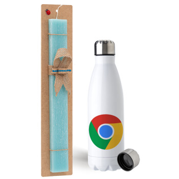 Chrome, Easter Set, metallic stainless steel water bottle (750ml) & aromatic flat Easter candle (30cm) (TURQUOISE)