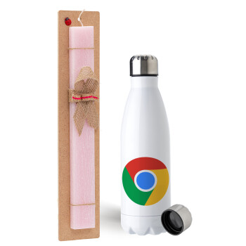 Chrome, Easter Set, metallic stainless steel water bottle (750ml) & scented flat Easter candle (30cm) (PINK)