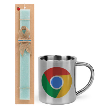 Chrome, Easter Set, metallic thermal cup (300ml) & aromatic flat Easter candle (30cm) (TURQUOISE)