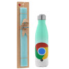 Easter Set, Metallic green/white thermos (Stainless steel), double-walled, 500ml & scented flat Easter candle (30cm) (TURQUOISE)