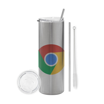 Chrome, Eco friendly ποτήρι θερμό Ασημένιο (tumbler) από ανοξείδωτο ατσάλι 600ml, με μεταλλικό καλαμάκι & βούρτσα καθαρισμού