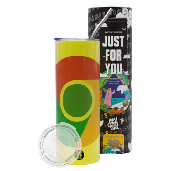 Chrome, Neon Yellow Travel Tumbler, with metal straw (Stainless steel 304 Food grade, BPA free, 600ml)