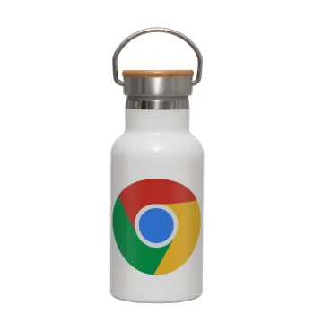 Chrome, Metallic thermos (Stainless steel) White with wooden lid (bamboo), double-walled, 350ml