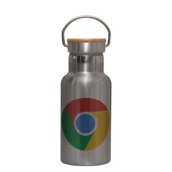 Chrome, Stainless steel metallic thermos flask, silver with a bamboo lid, double-walled, 350ml.