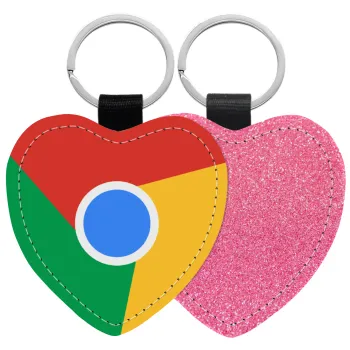 Chrome, Μπρελόκ PU δερμάτινο glitter καρδιά ΡΟΖ