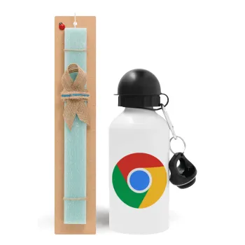Chrome, Easter Set, metallic aluminum water bottle (500ml) & scented flat candle (30cm) (TURQUOISE)