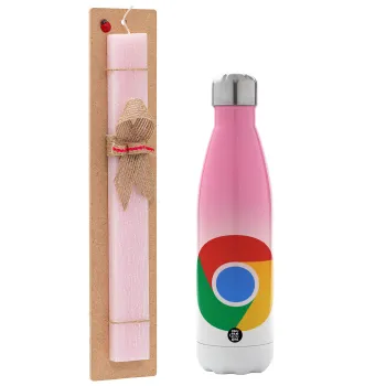Chrome, Easter Set, Metallic pink/white (Stainless steel) thermos, double-walled, 500ml & aromatic flat Easter candle (30cm) (PINK)
