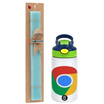 Chrome, Easter Set, Children's thermal stainless steel bottle with safety straw, green/blue (350ml) & aromatic flat Easter candle (30cm) (TURQUOISE)