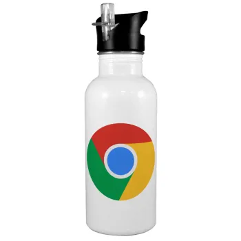 Chrome, White water bottle with straw, stainless steel 600ml