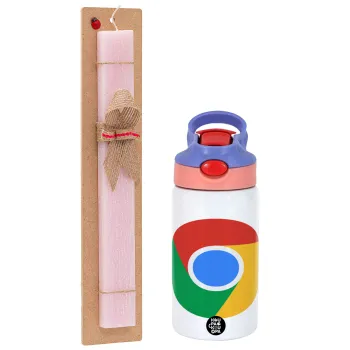 Chrome, Easter Set, Children's thermal stainless steel water bottle with safety straw, pink/purple (350ml) & Easter scented flat candle (30cm) (PINK)