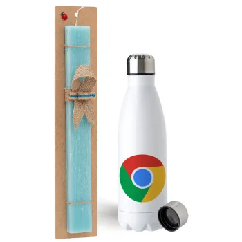 Chrome, Easter Set, metallic stainless steel water bottle (750ml) & aromatic flat Easter candle (30cm) (TURQUOISE)
