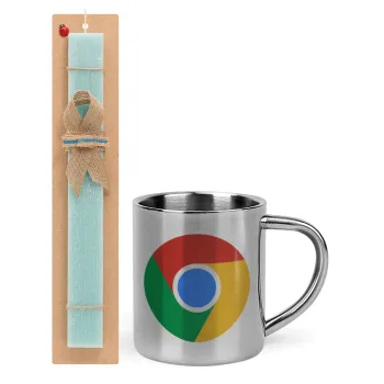 Chrome, Easter Set, metallic thermal cup (300ml) & aromatic flat Easter candle (30cm) (TURQUOISE)