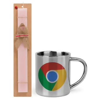 Chrome, Easter Set, metallic thermal cup (300ml) & aromatic flat Easter candle (30cm) (PINK)