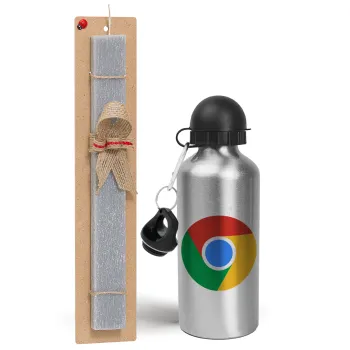 Chrome, Easter Set, metallic silver aluminum water bottle (500ml) & aromatic flat Easter candle (30cm) (GRAY)