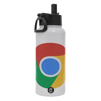 Chrome, Metal mug thermo White with Straw and Spout Lid (Stainless steel), double wall, 950ml