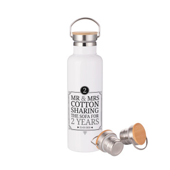 Mr & Mrs Sharing the sofa, Μεταλλικό παγούρι θερμός (Stainless steel) Λευκό με ξύλινο καπάκι (bamboo), διπλού τοιχώματος, 750ml