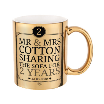 Mr & Mrs Sharing the sofa, Mug ceramic, gold mirror, 330ml