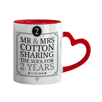 Mr & Mrs Sharing the sofa, Mug heart red handle, ceramic, 330ml