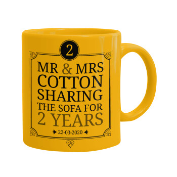 Mr & Mrs Sharing the sofa, Ceramic coffee mug yellow, 330ml (1pcs)