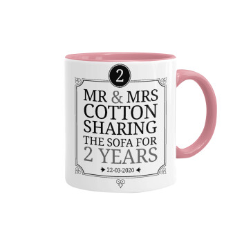 Mr & Mrs Sharing the sofa, Mug colored pink, ceramic, 330ml