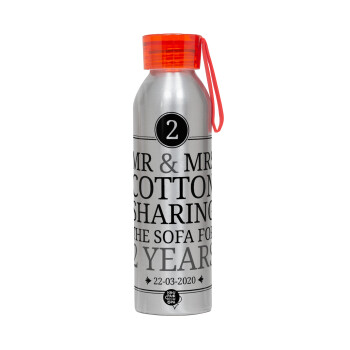 Mr & Mrs Sharing the sofa, Αλουμινένιο Αθλητικό Μπουκάλι 650ml – Ασημί με Κόκκινο Καπάκι και Λουράκι Σιλικόνης
