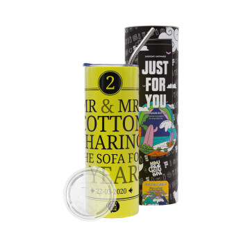 Mr & Mrs Sharing the sofa, Neon Yellow Travel Tumbler θερμό, μεταλλικό καλαμάκι(Ανωξείδωτο 304 Food grade, BPA free, 600ml)