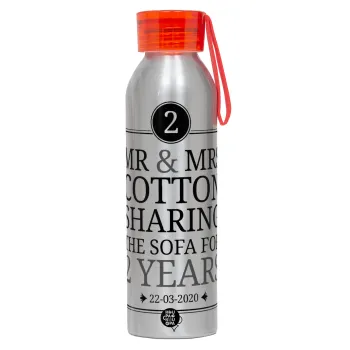 Mr & Mrs Sharing the sofa, Aluminum Sports Bottle 650ml – Silver with Red Cap and Silicone Strap