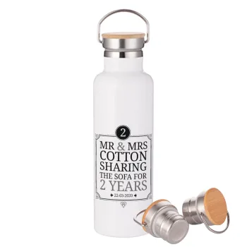 Mr & Mrs Sharing the sofa, Μεταλλικό παγούρι θερμός (Stainless steel) Λευκό με ξύλινο καπάκι (bamboo), διπλού τοιχώματος, 750ml