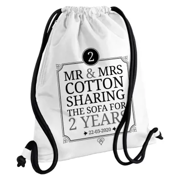 Mr & Mrs Sharing the sofa, Τσάντα πλάτης πουγκί GYMBAG λευκή, με τσέπη (40x48cm) & χονδρά κορδόνια