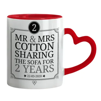 Mr & Mrs Sharing the sofa, Κούπα καρδιά χερούλι κόκκινη, κεραμική, 330ml