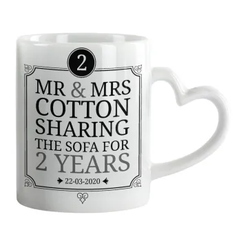 Mr & Mrs Sharing the sofa, Κούπα καρδιά χερούλι λευκή, κεραμική, 330ml