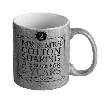 Mr & Mrs Sharing the sofa, Κούπα Ασημένια Glitter που γυαλίζει, κεραμική, 330ml
