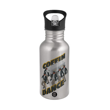 Coffin Dance!, Water bottle Silver with straw, stainless steel 500ml