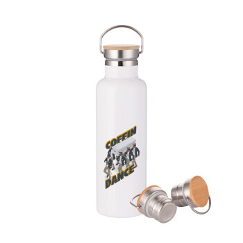 Coffin Dance!, Μεταλλικό παγούρι θερμός (Stainless steel) Λευκό με ξύλινο καπάκι (bamboo), διπλού τοιχώματος, 750ml