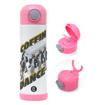 Coffin Dance!, Children's hot water bottle, stainless steel, with safety straw, PINK (500ml)
