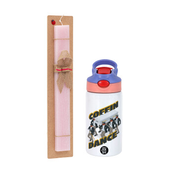 Coffin Dance!, Easter Set, Children's thermal stainless steel water bottle with safety straw, pink/purple (350ml) & Easter scented flat candle (30cm) (PINK)