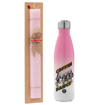 Coffin Dance!, Easter Set, Metallic pink/white (Stainless steel) thermos, double-walled, 500ml & aromatic flat Easter candle (30cm) (PINK)