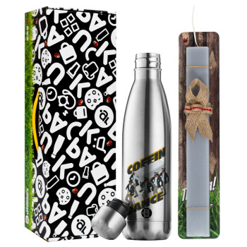 Coffin Dance!, Easter Set, metallic stainless thermos flask (500ml) & scented flat Easter candle (30cm) (GRAY)