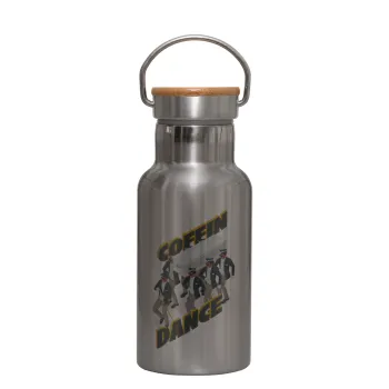 Coffin Dance!, Stainless steel metallic thermos flask, silver with a bamboo lid, double-walled, 350ml.