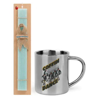 Coffin Dance!, Easter Set, metallic thermal cup (300ml) & aromatic flat Easter candle (30cm) (TURQUOISE)