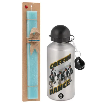 Coffin Dance!, Easter Set, metallic silver aluminum water bottle (500ml) & scented flat Easter candle (30cm) (TURQUOISE)