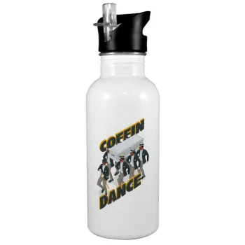 Coffin Dance!, White water bottle with straw, stainless steel 600ml