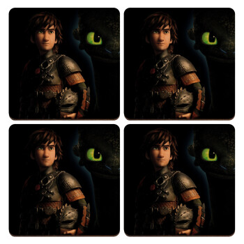 How to train your dragon Night Fury, ΣΕΤ x4 Σουβέρ ξύλινα τετράγωνα plywood (9cm)