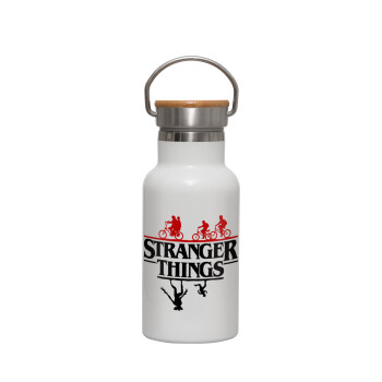 Stranger Things upside down, Metallic thermos (Stainless steel) White with wooden lid (bamboo), double-walled, 350ml