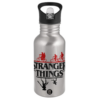 Stranger Things upside down, Water bottle Silver with straw, stainless steel 500ml