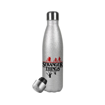 Stranger Things upside down, Metallic Glitter Silver Thermos Flask (Stainless steel), double-walled, 500ml