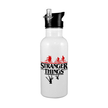 Stranger Things upside down, White water bottle with straw, stainless steel 600ml