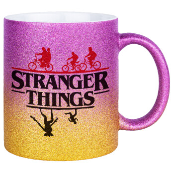 Stranger Things upside down, Κούπα Χρυσή/Ροζ Glitter, κεραμική, 330ml